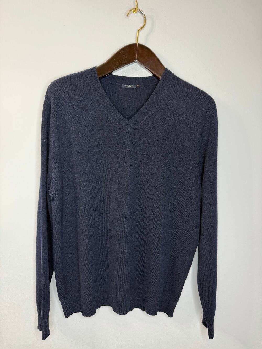 Magaschoni Cashmere V Neck Long Sleeve Sweater Navy Blue Mens L
